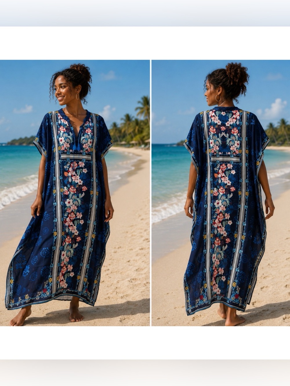 Navy Floral Maxi Caftan Swim Coverup